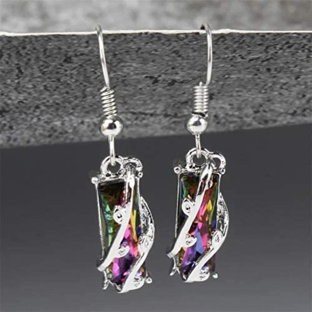 "Colorful Crystal Clear Delicate Silver Plated Colorful Dangle Earrings, VP1008 - Picture 1 of 5